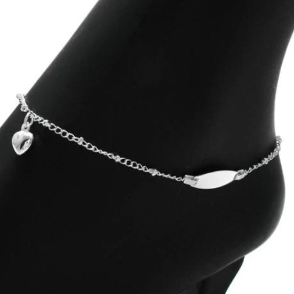 EXQUISITE STERLING SILVER ENGRAVABLE PLATE WITH HEART 9" ANKLET